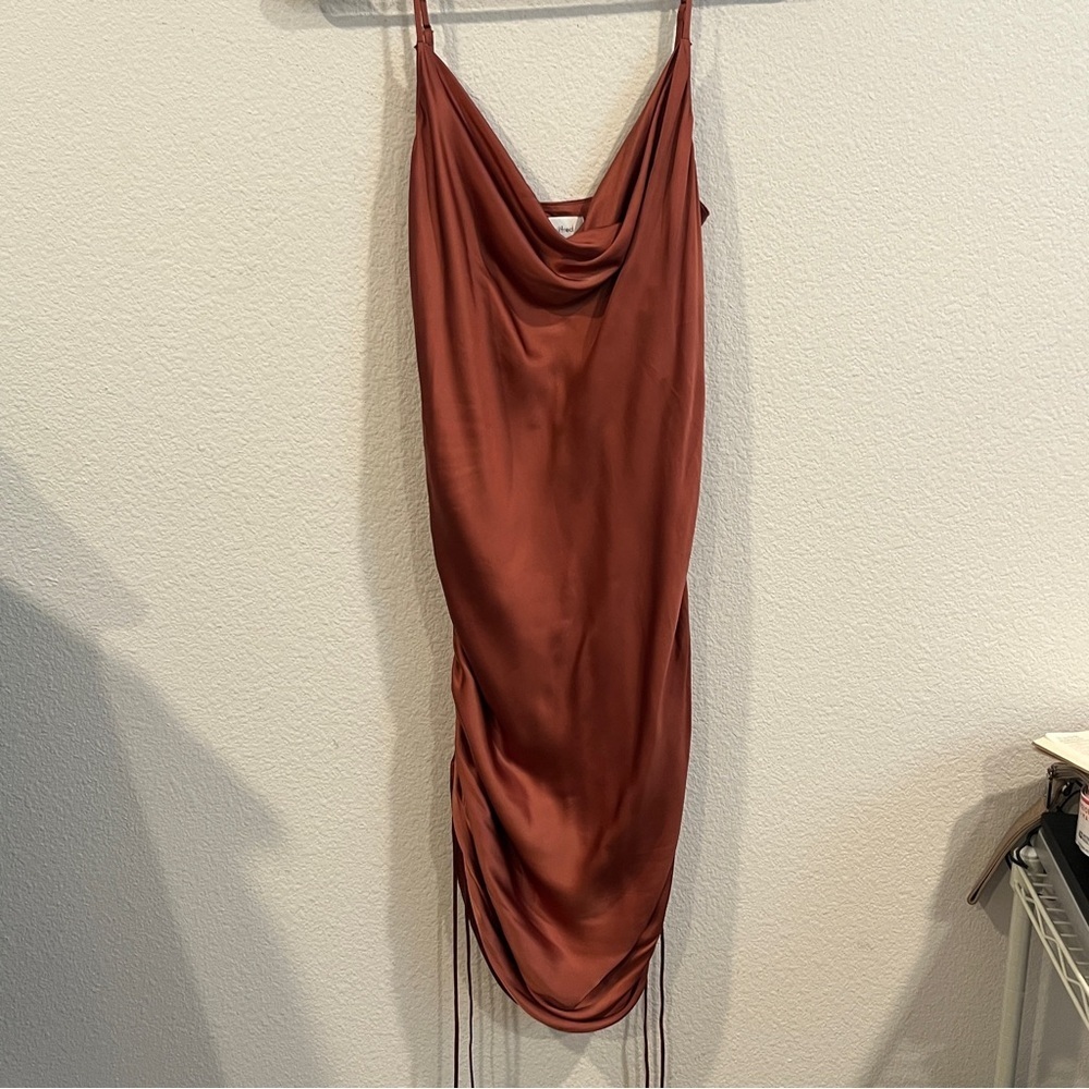 Aritzia Wilfred Only Ruched Slip Dress rust color mini dress cowl neck small - Picture 2 of 10